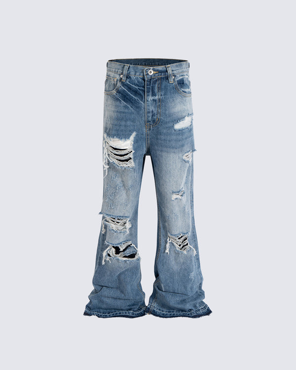 Ripped Wide Leg Flared Cat Whisker Jeans