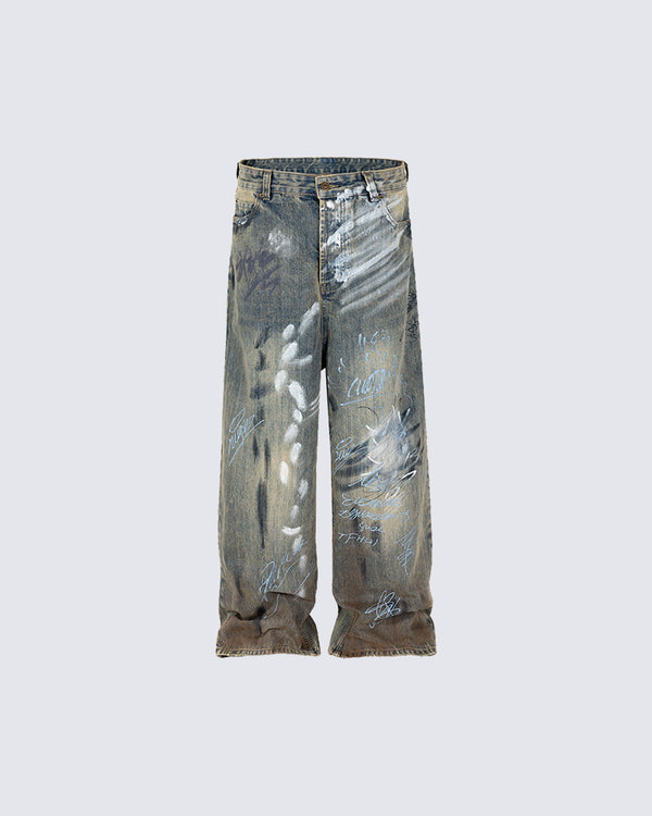 Graffiti Hand-Painted Washed Jeans