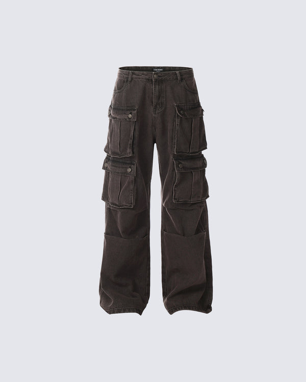 Distressed Brown Multi-Pocket Cargo Pants