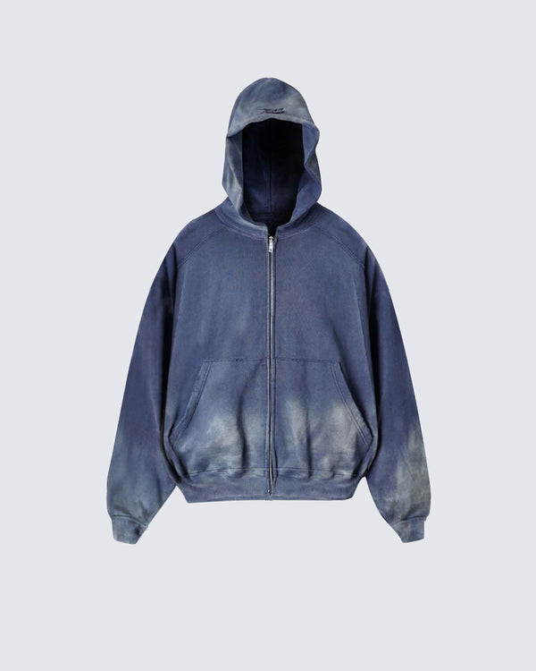 Washed and Distressed Zip-Up Hoodie