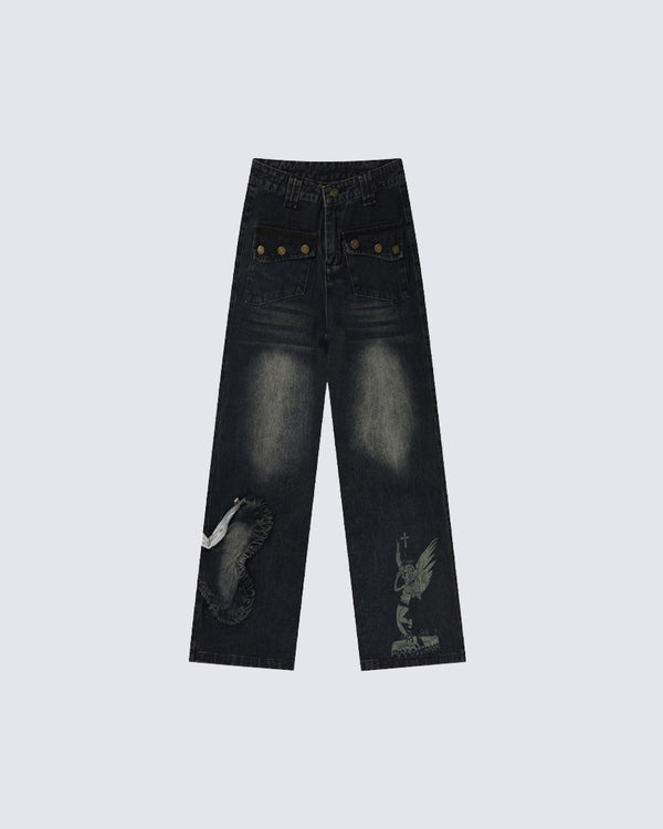Washed Printed Butterfly Jeans
