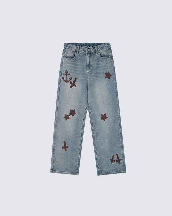 Washed Jeans With Star Cross Embroidery