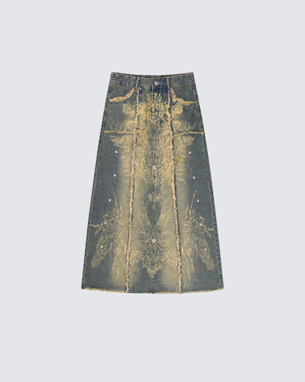 Vintage Stonewashed Frayed Denim Skirt