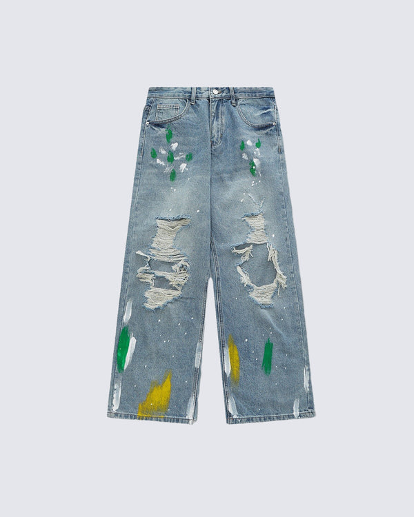 Hand-Painted Graffiti Distressed Jeans