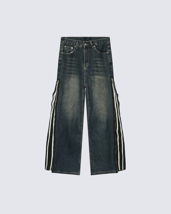 Side Zipper Striped Straight-Leg Baggy Jeans