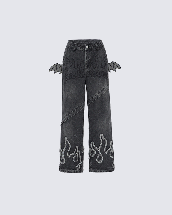 Women's Flame Ghost Embroidery Denim Pants