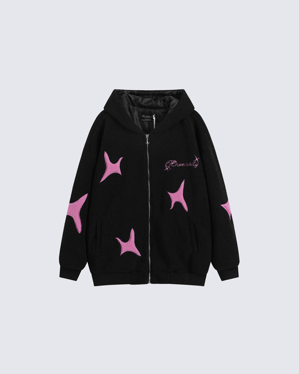 American Style Fleece Hoodie with Star Embroidery