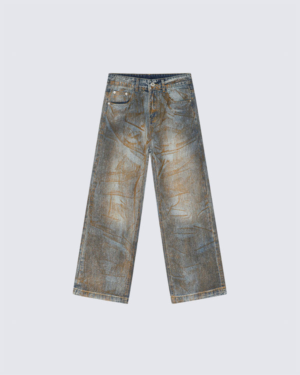 Distressed Rust Blue Jeans