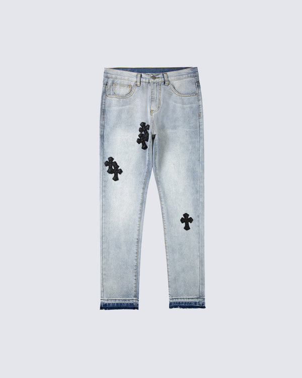 Embroidered Cross Tapered Jeans