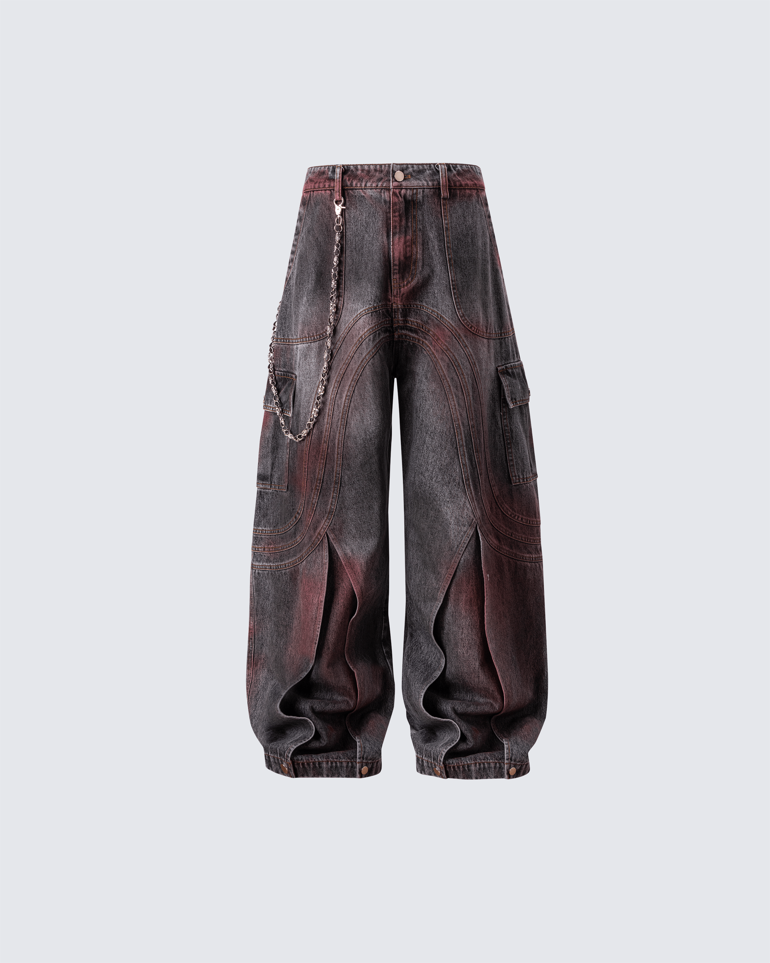 KIIKIO Red Gradient Wide-Leg Denim – 3D Panel Street Pants