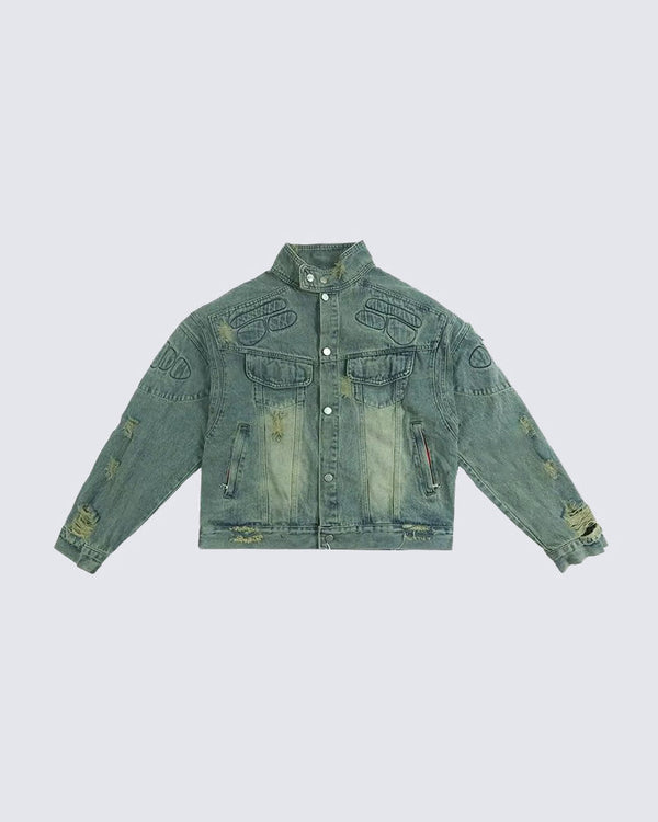 Embroidered Motorcycle Armor Denim Jacket