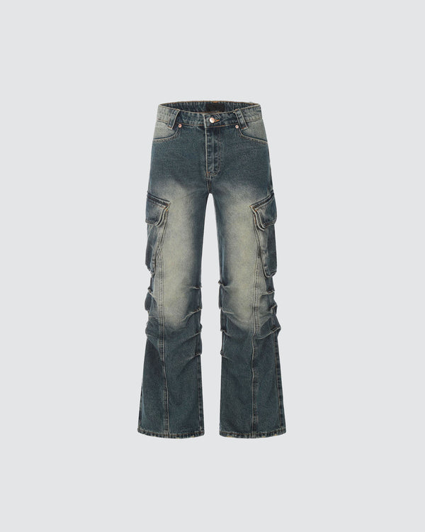 Pocket Pleated Faded Wide-Leg Jeans