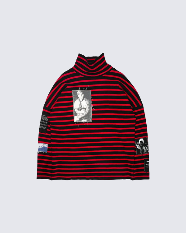 Striped Patch Turtleneck Tee Cotton Blend Punk Graphic Shirt