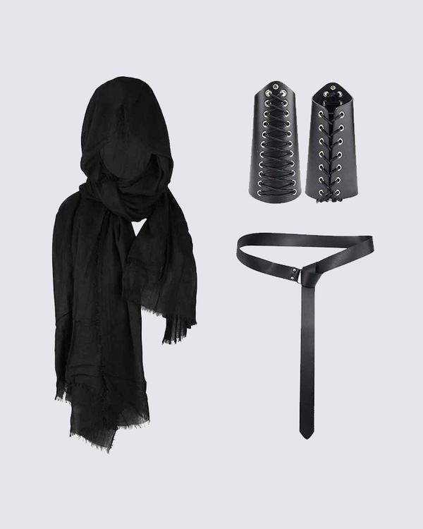 Gothic Hooded Scarf + Lace-Up Cuffs + Y-Belt Set