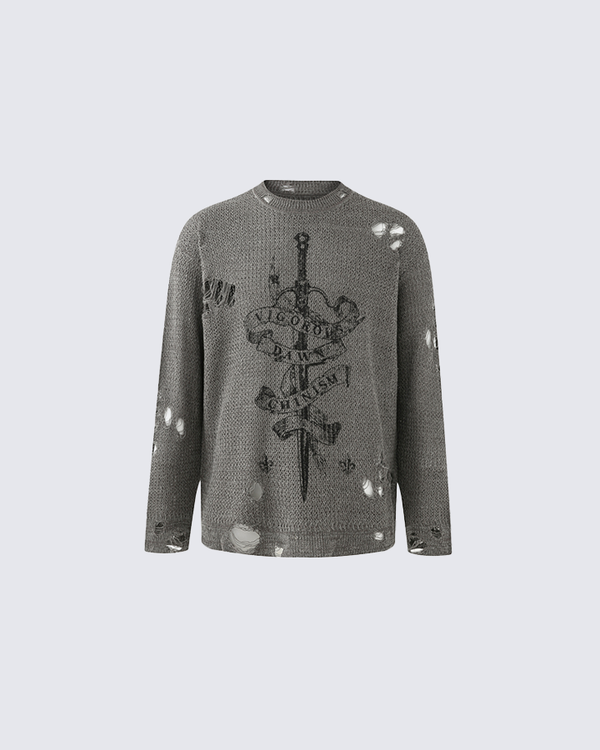 Distressed Graphic Knit Sweater