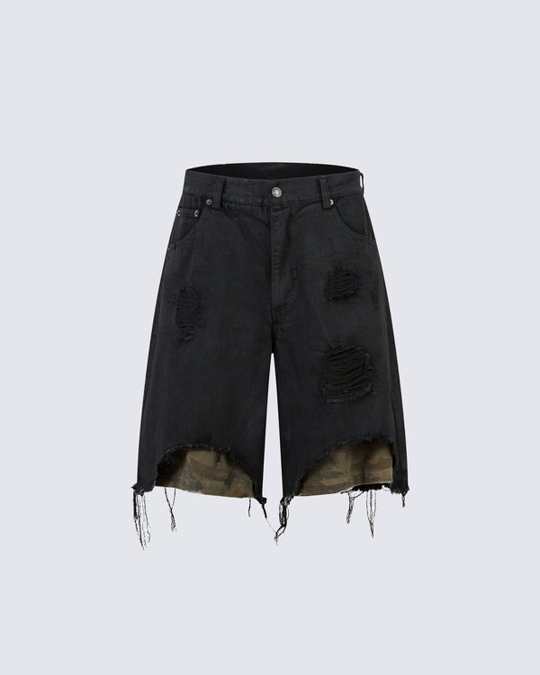 Distressed Black Denim Shorts with Camouflage Inner Layer