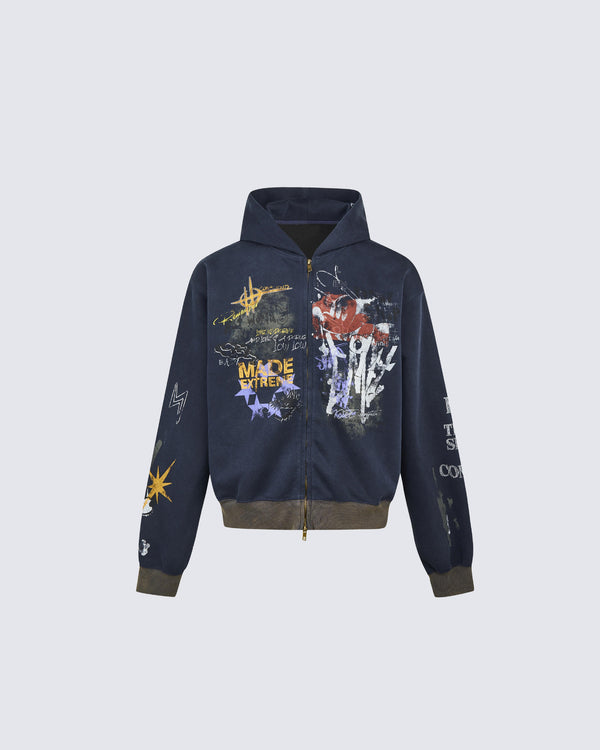 American Hip-hop Print Loose Zip-up Hoodie