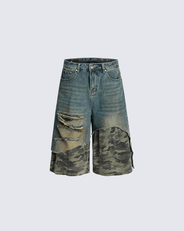 Asymmetrical Ripped Denim Shorts with Camo Layer