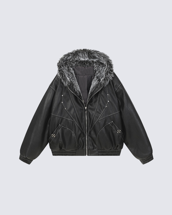 Faux Leather Hooded Jacket with Fur Trim