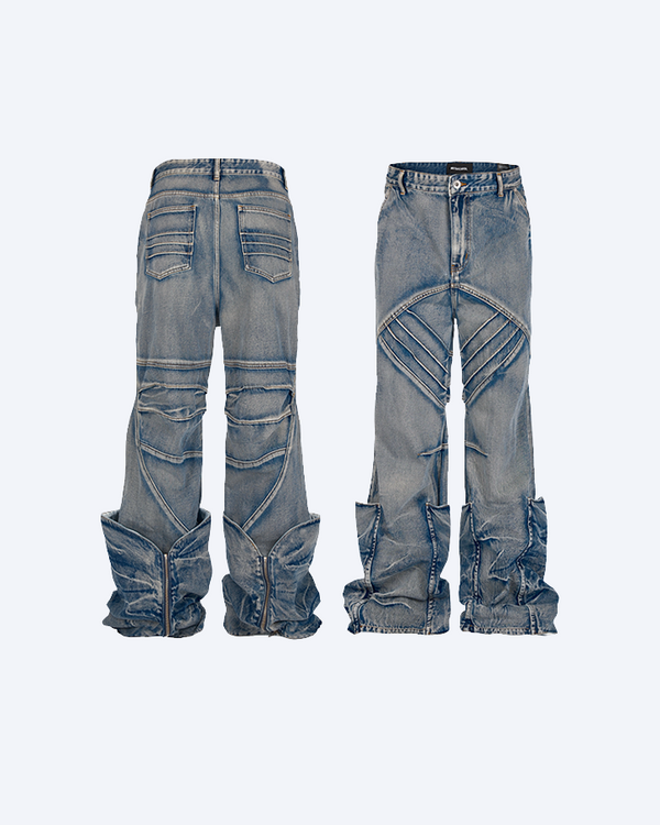 Distressed Zipper Detail Wide-Leg Denim Pants – Blue