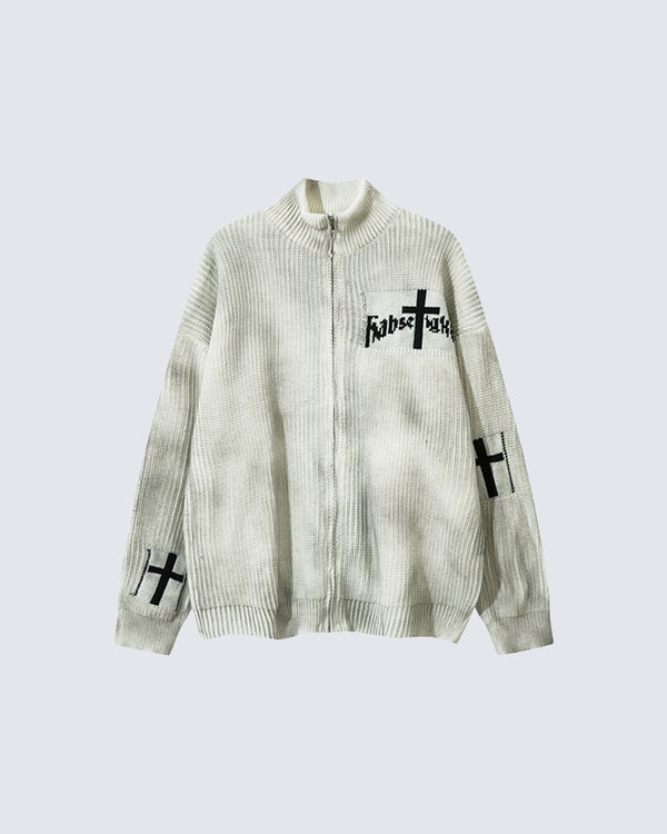 Vintage Cross & Letter Jacquard Knit Cardigan