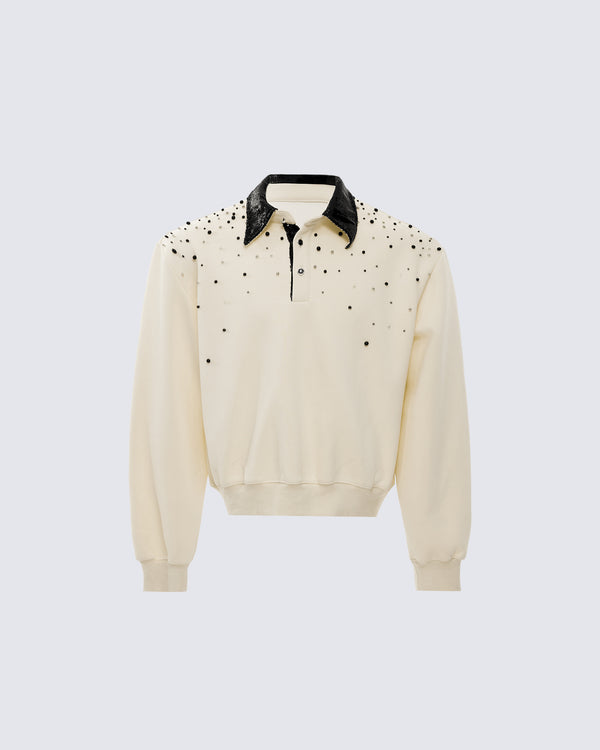 European-American  Pearl-Studded Polo Sweatshirt