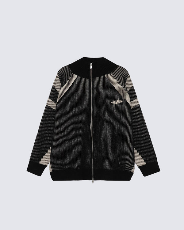 Contrast Stripe Knit Zip-Up Jacket