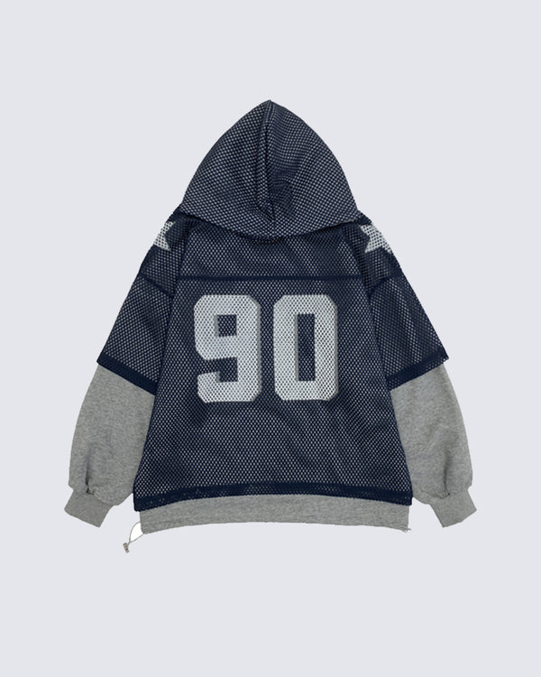 Faux Two-Piece Mesh Letter Hoodie with Fleece Lining