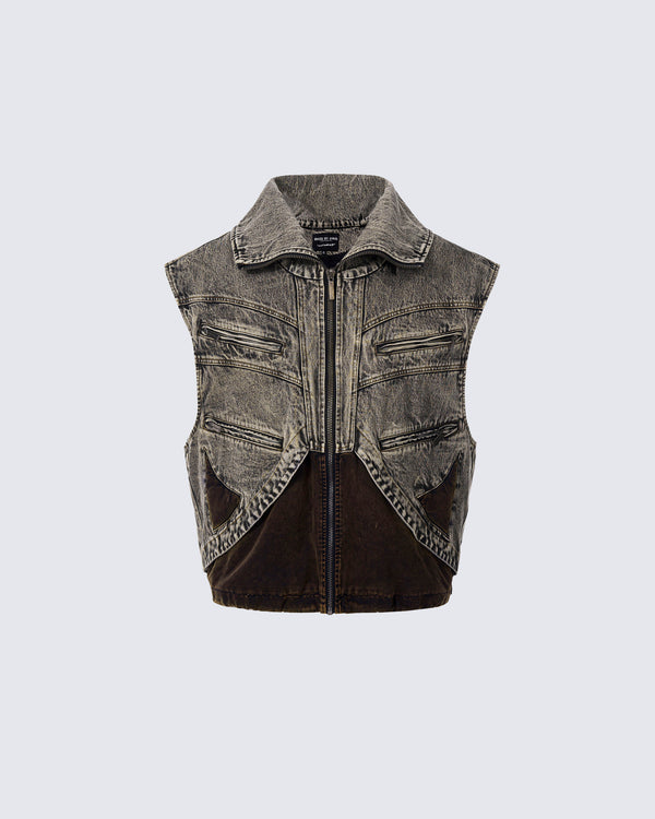 Vintage Stand Collar Patchwork Denim Vest
