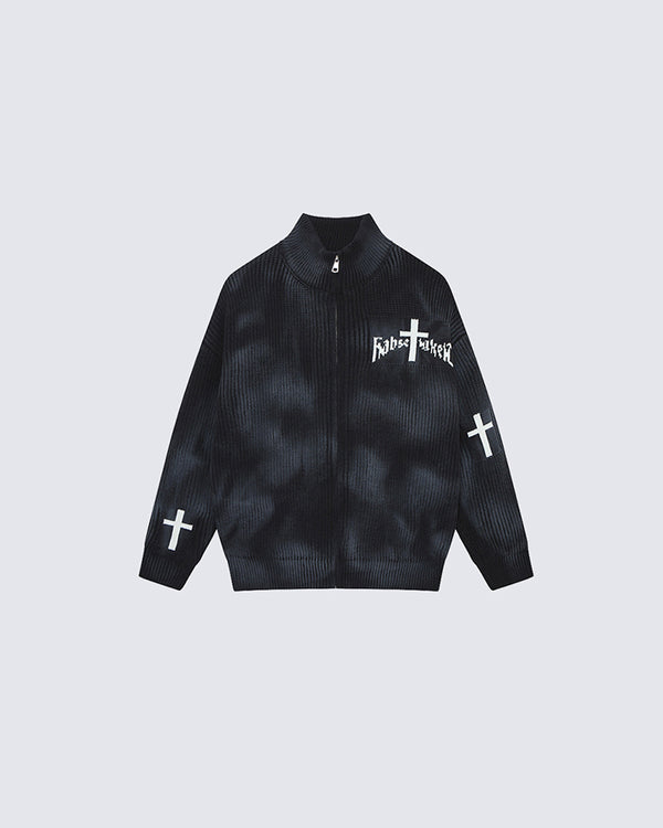 Gothic Cross Pattern Zip-Up Sweater