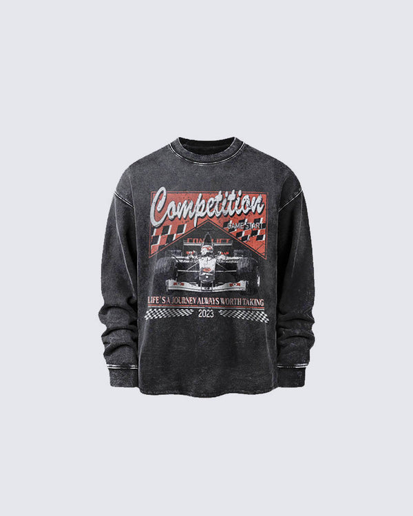 March 2024Racing Print Washed Long-Sleeved T-Shirt