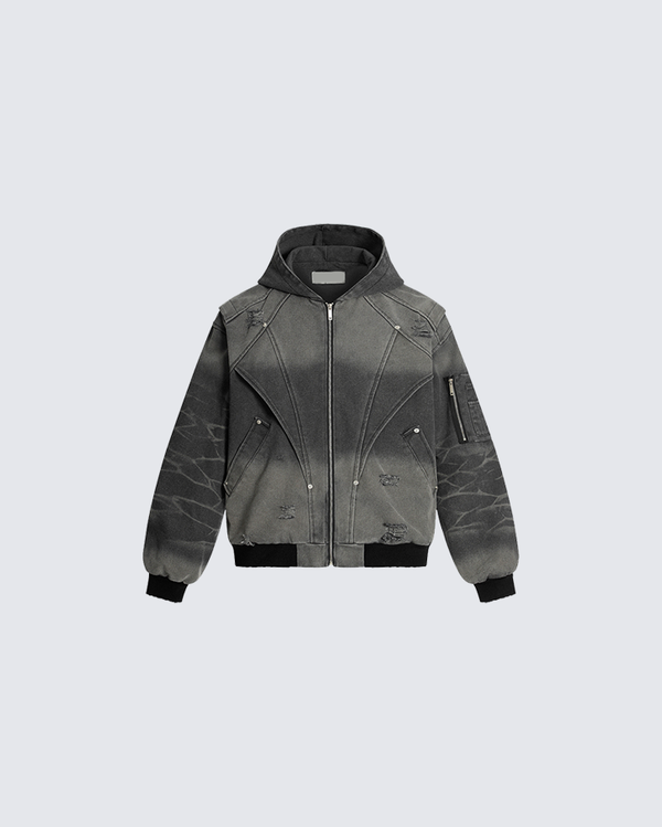Vintage Distressed Panel Zip Hoodie Jacket