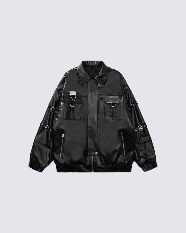 PU Leather Multi-Pocket Jacket