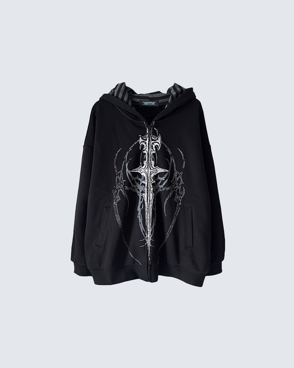 Gothic Cross Print Hoodie with Striped Hood