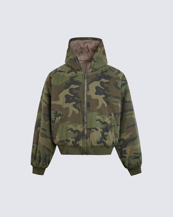 Camouflage Fleece-Lined Hooded Jacket