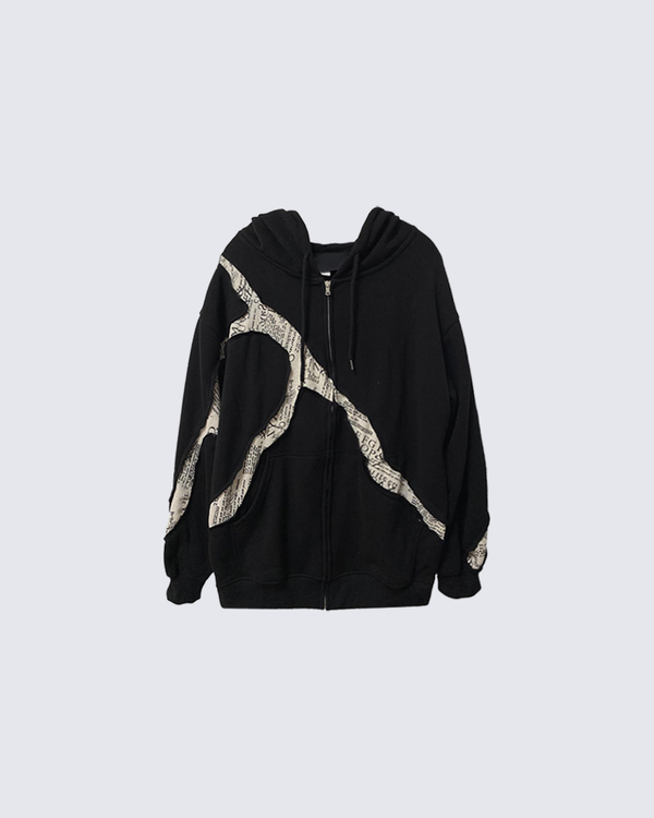 Abstract Newspaper Patchwork Zip Hoodie Cotton Blend Sweatshirt