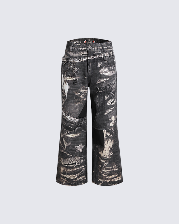 Distressed Star Graphic Wide Leg Jeans