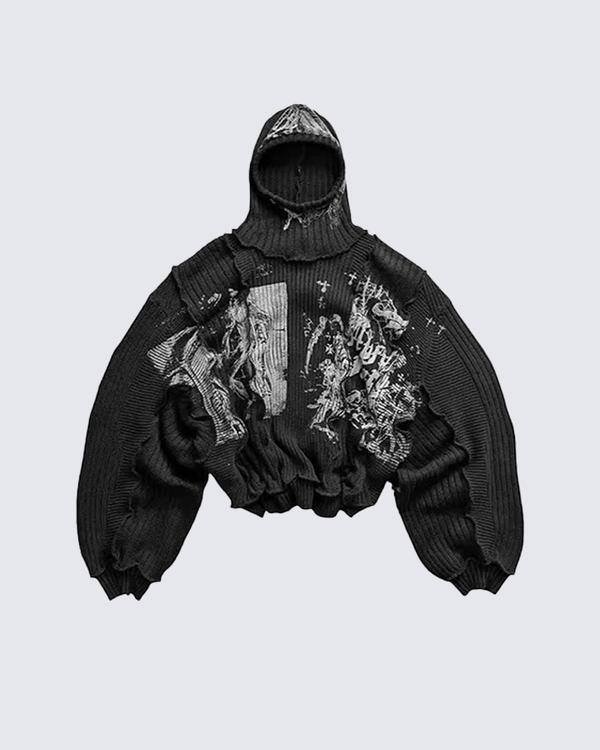 Punk Graphic Distressed Knit Hoodie