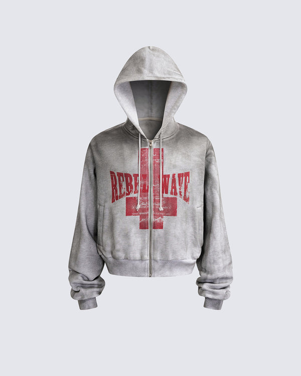 Dirty-Wash Slogan Hoodie Sweatshirt