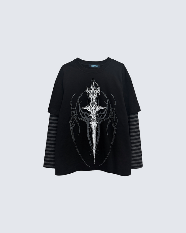 Black Gothic Cross Print Long Sleeve T-Shirt