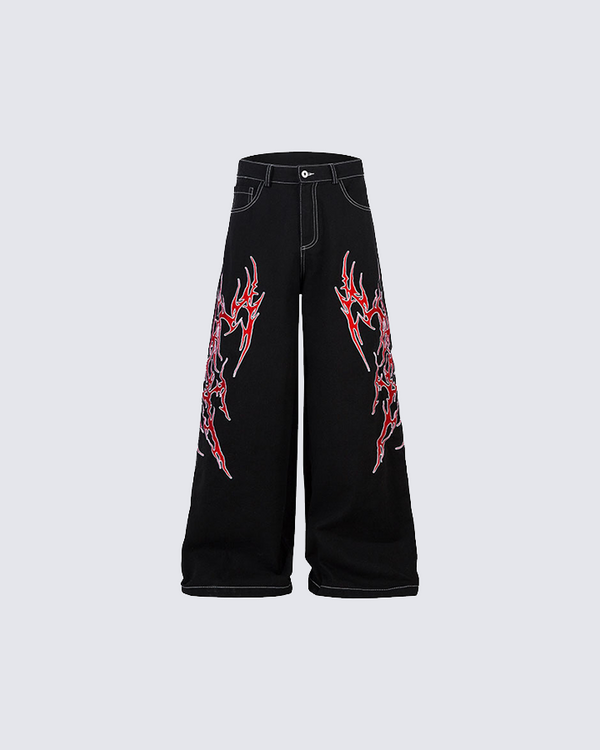 Flame Graphic Wide-Leg Jeans - Black