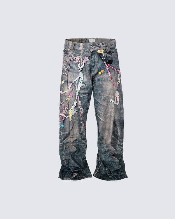 Graffiti Chain Embellished Vintage Wash Jeans