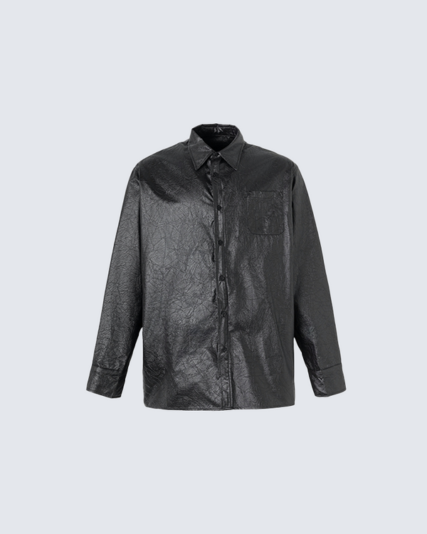 Black Crinkled Button-Up Shirt