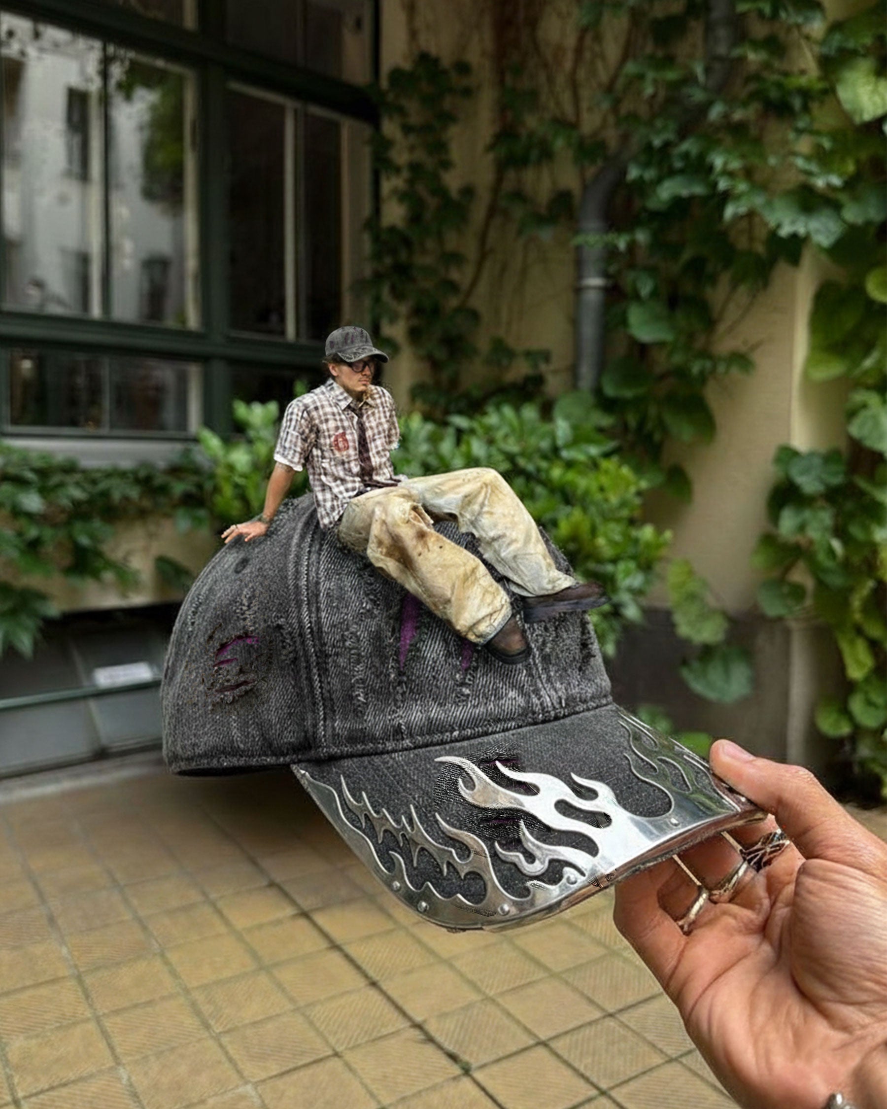 KIIKIO - Wasteland Flame-Metal Distressed Denim Cap