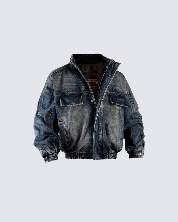 Vintage Washed Denim Zip-Up Jacket