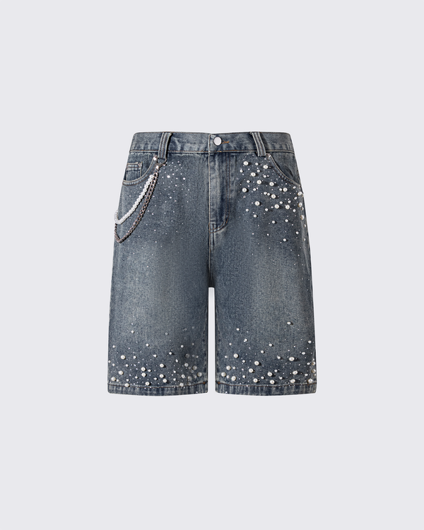Vintage Pearl Embellished Denim Shorts