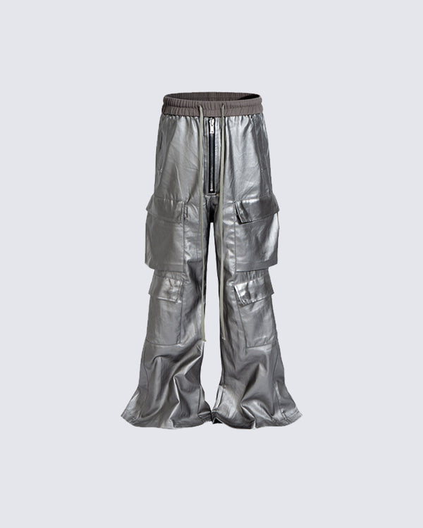 Matte Coated Silver Cargo Pants