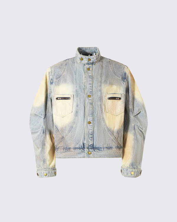 Vintage Wash Denim Jacket with Zipper Pockets