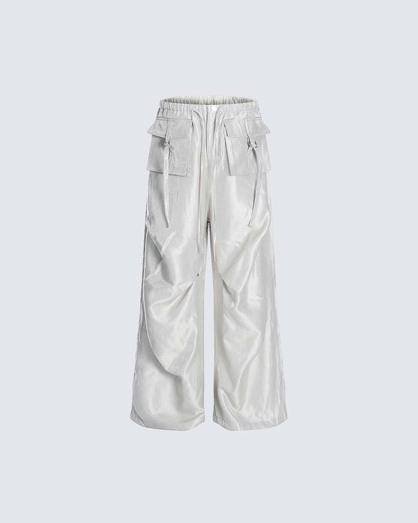 Pleated Liquid Finish Cargo Wide-Leg Pants