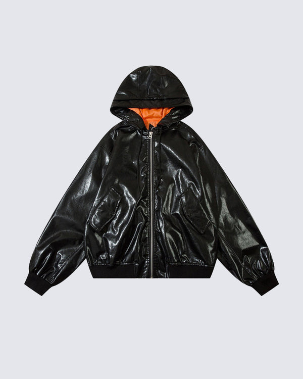 Glossy PU Leather Hooded Zip-Up Jacket